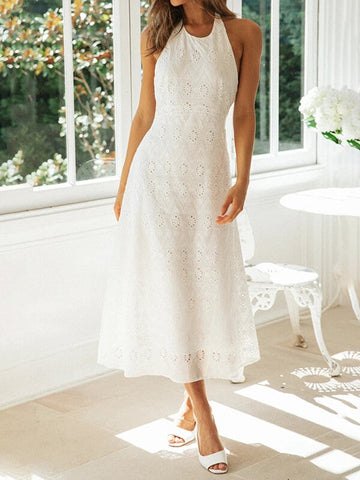 Woochic robe longue dentelle licou dos nu élégant bal de promo blanche Blanche S